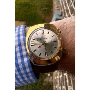Vintage Lucerne Swiss Automatic Alarm Watch 1960s Gold Tone Cushion Case